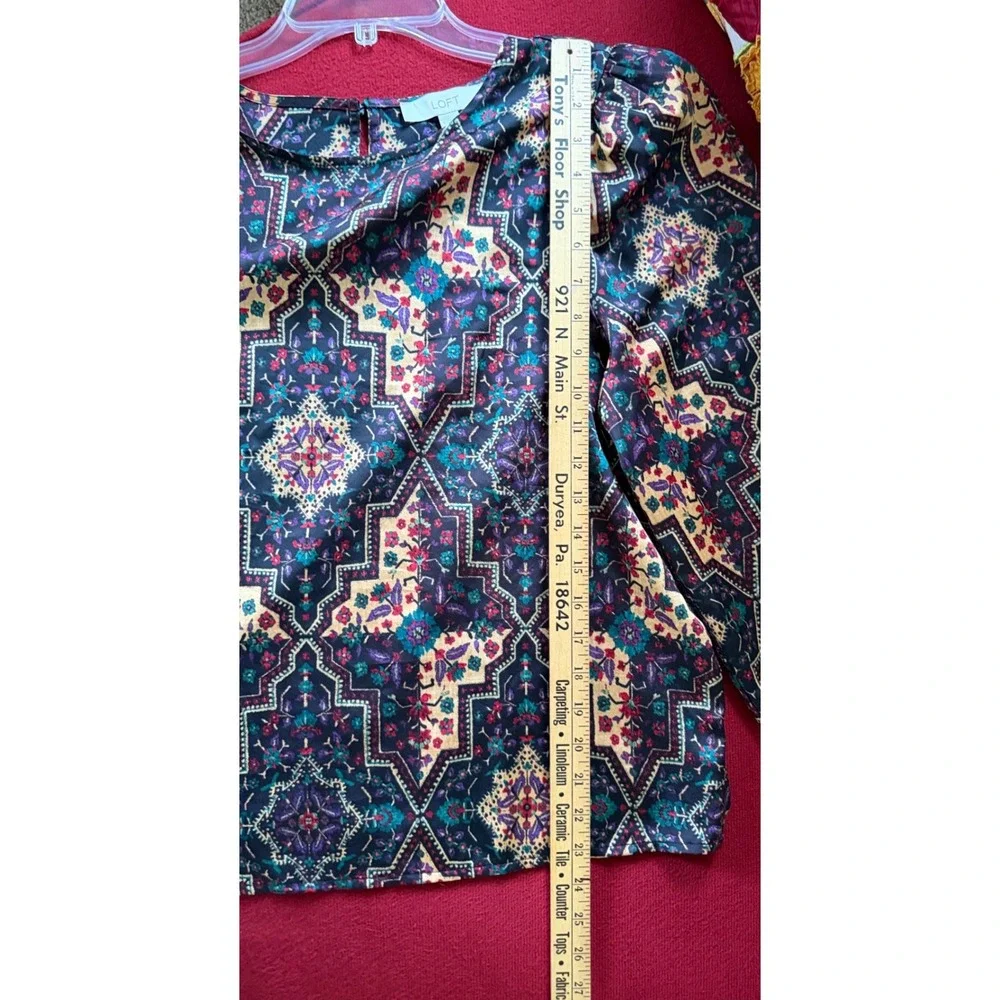 Loft Blouse Womens Large Multicolor Geometric Medallion Satin Puff Sleeve Boho